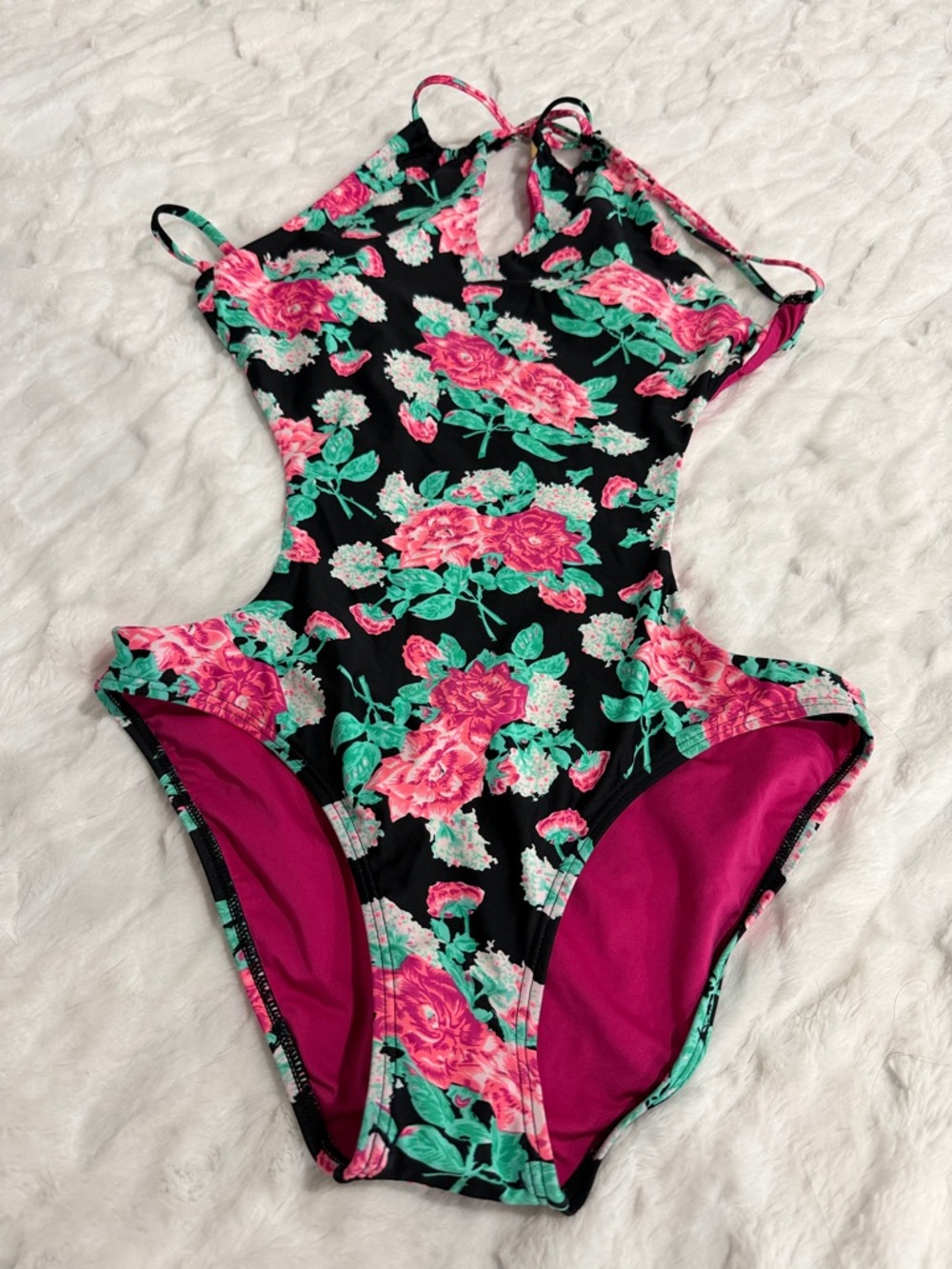 Mar Floral One-Piece Swimsuit - Black & Pink Size M.